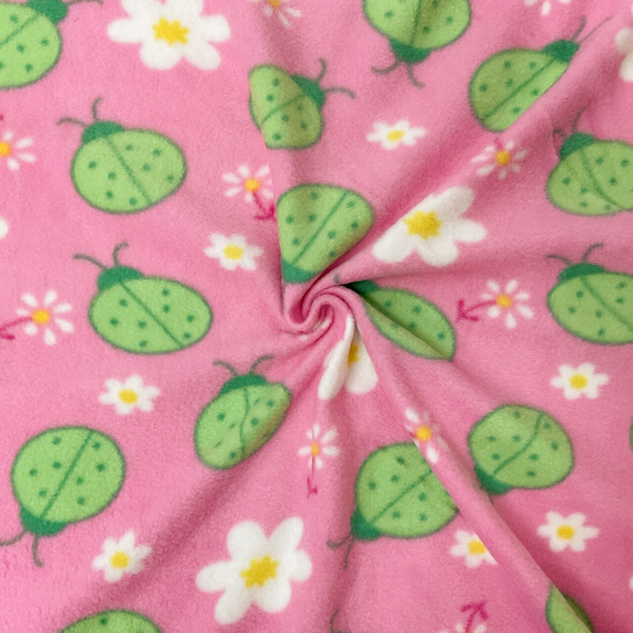 Pink-Green-Multi Polyester Ladybug Floral Printed Polar Fleece Knit Fabric By the Yard